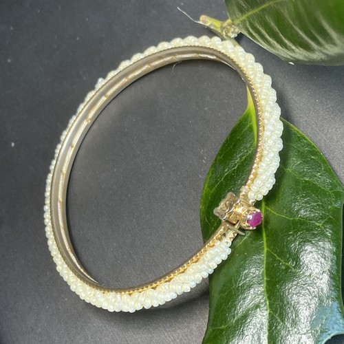 Vintage Ruby Bangle Bracelet Estate Jewelry Pre-Owned 7.5" Wrapped Seed Pearl - Picture 24 of 24
