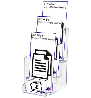 3 Tier Tri Fold Brochure Holder w/ Business Card Pocket Slant Back Wall Qty 6