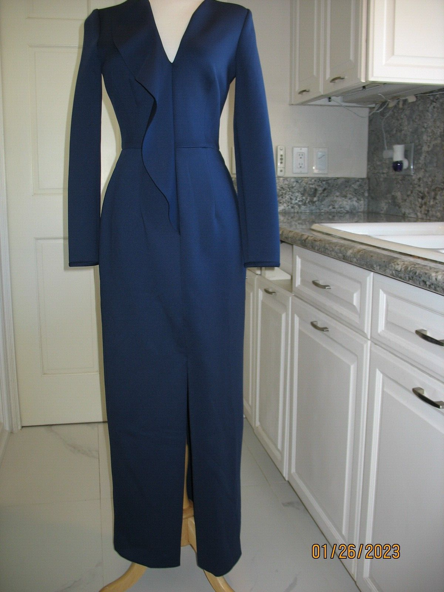black halo blue dress NWT EVE RUFFLE PLUNGING NECKLINE LONG COLUMN bridal Style 5022136 Dress SB-Summer26 Birthday Girl Smocked Dress Size:Short Sleeve 3M