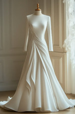 Elegant Muslim Satin Wedding Dresses Long Sleeves Scoop Neck White Bridal Gowns