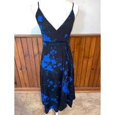 Womens Urban Outfitters Black Blue Floral Spaghetti Strap Wrap Tie Dress XS