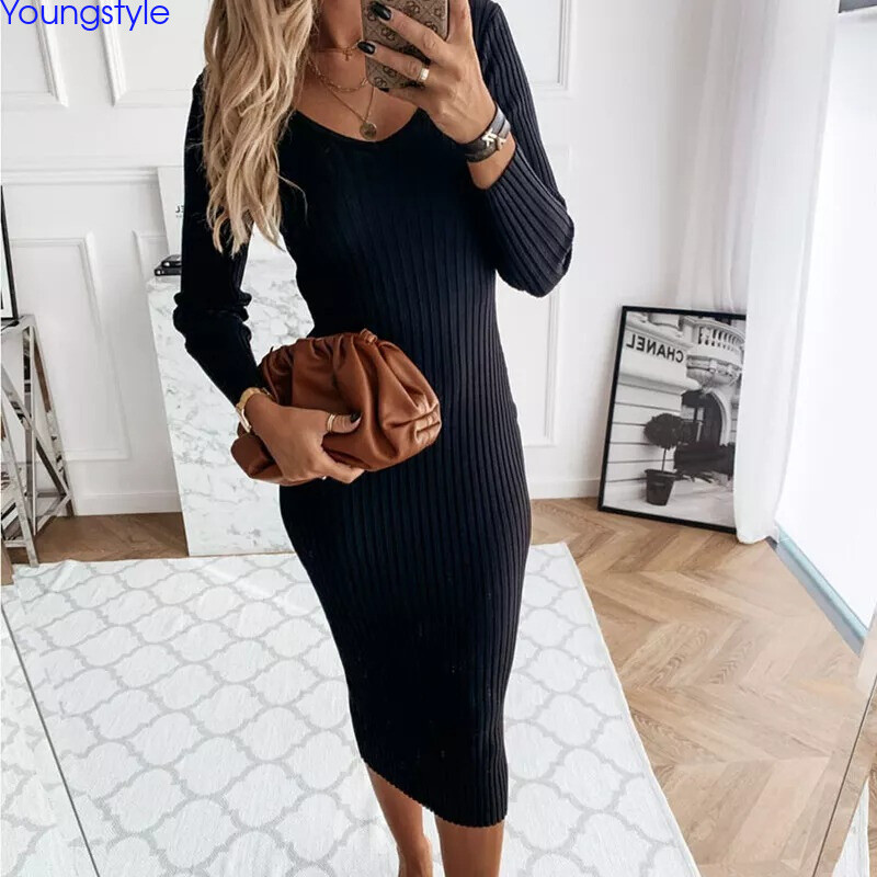 long sleeve bodycon jumper dress Womens Long Sleeve Knit Bodycon Dress Ladies Slim Solid Sweater Jumper  Dresses