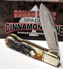 Rough Rider Brown Cinnamon Stag Bone Damascus Steel EO Jack Barlow Pocket Knife