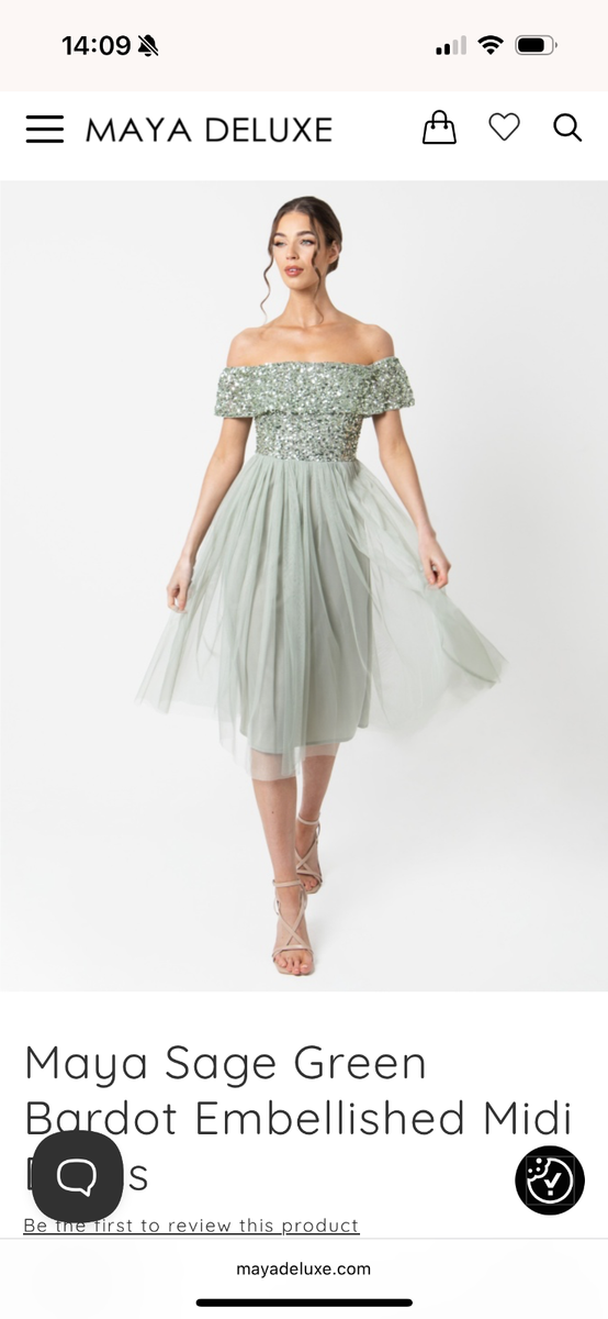 Maya Deluxe Sage Green Bardot Embellished Midi Dress