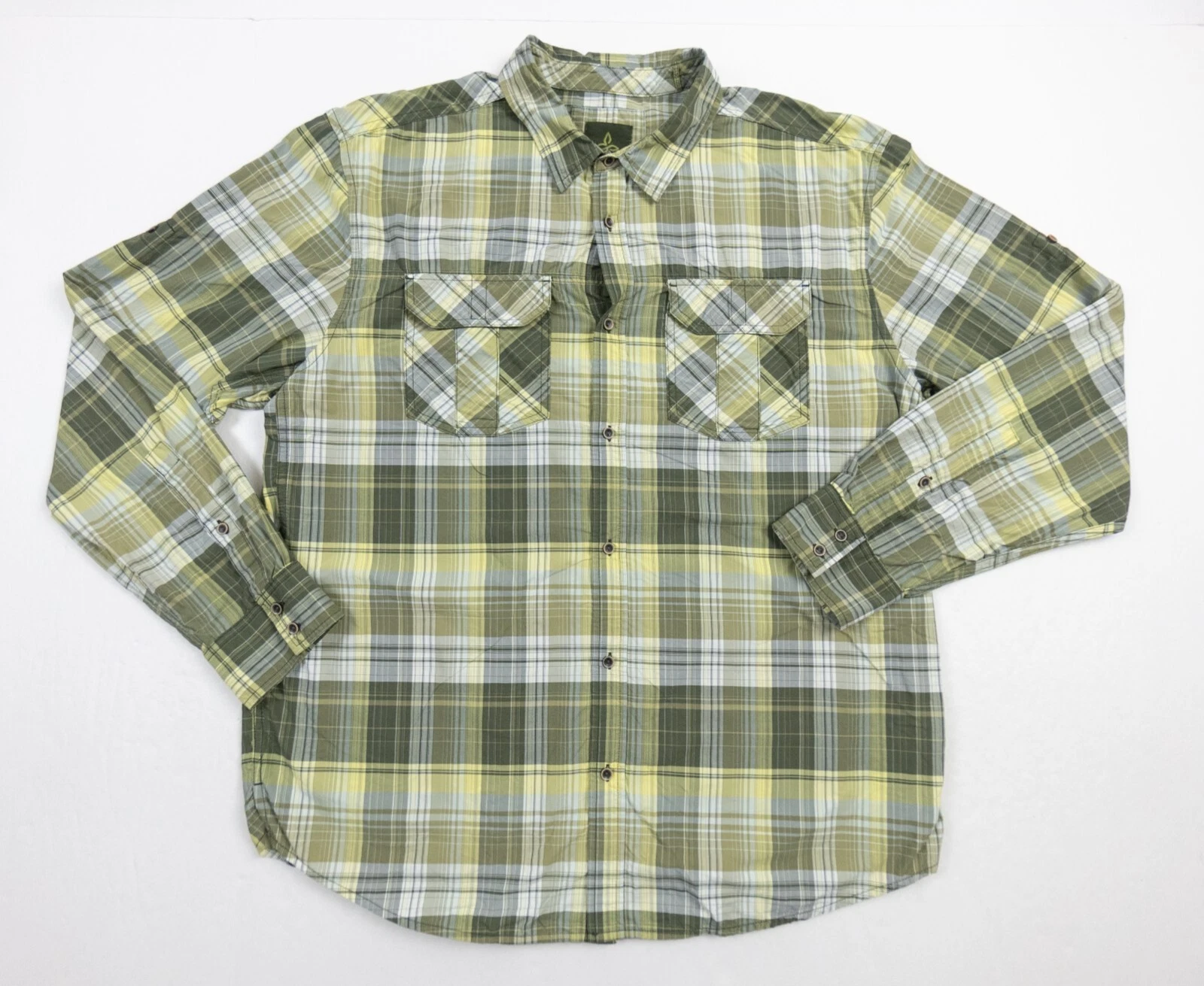 Prana Shirt Mens XLarge Green Button Up Long Sleeve Nylon Plaid Outdoors Hike