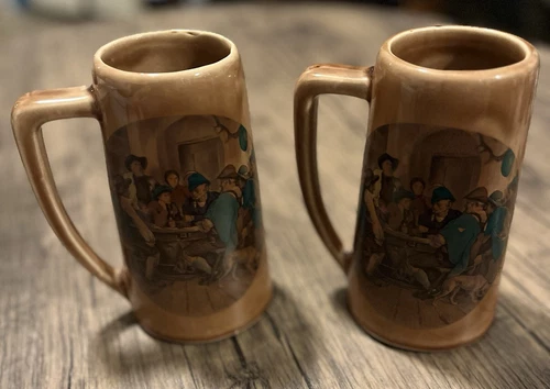 1973 McCoy USA Style Pottery Brown Tavern Scene Two Beer Stein Mugs Vintage