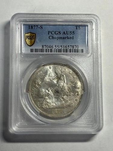 1877-S SILVER TRADE DOLLAR PCGS AU55 CHOP MARK CHOPMARKED COIN NICE LUSTER