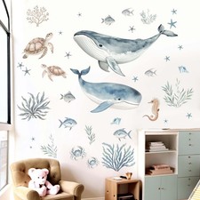 Whale Fish Wall Stickers for : Peel and Stick Under The Sea Turtle Ocean Cora...
