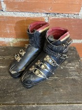 Paire Chaussures Ski VAL D’OR Anciennes Cuir Noir + Attaches Metal Vintage #D646
