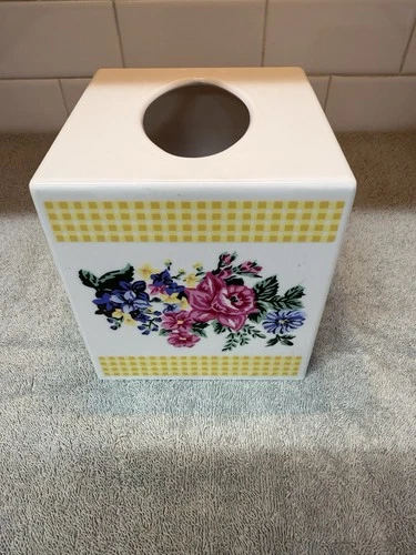 Vintage Tissue Box Holder Floral & Yellow Gingham Plastic
