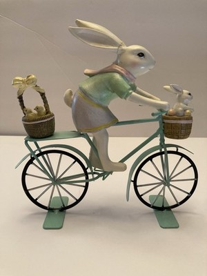 Easter Rabbit Bicycle Figurine Multicolor Metal Resin Medium Traditional Décor