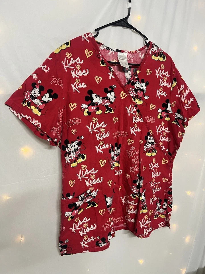 Disney Mickey & Minnie Mouse Scrub Top Womens Sz Large Red Pediatric Medical Top - Image 2 of 4