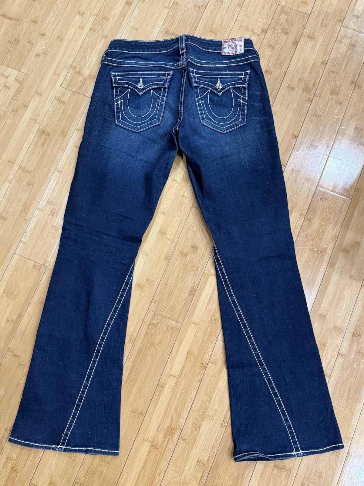 True Religion Jeans Women’s Disco Joey Big T Sz 31 Flare Bottom Blue Denim USA thumbnail 2