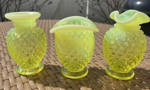 Lot of 3 Fenton Topaz Vaseline Opalescent Hobnail 3.5 Inch Vases. No Damage.