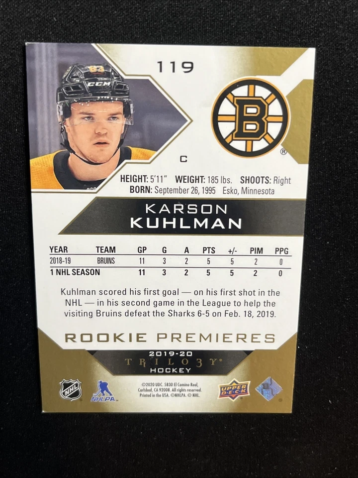 19-20 UD Trilogy Hockey Rookie Premiers 119 Karson Kuhlman /299 Level 3 - Image 2 of 2