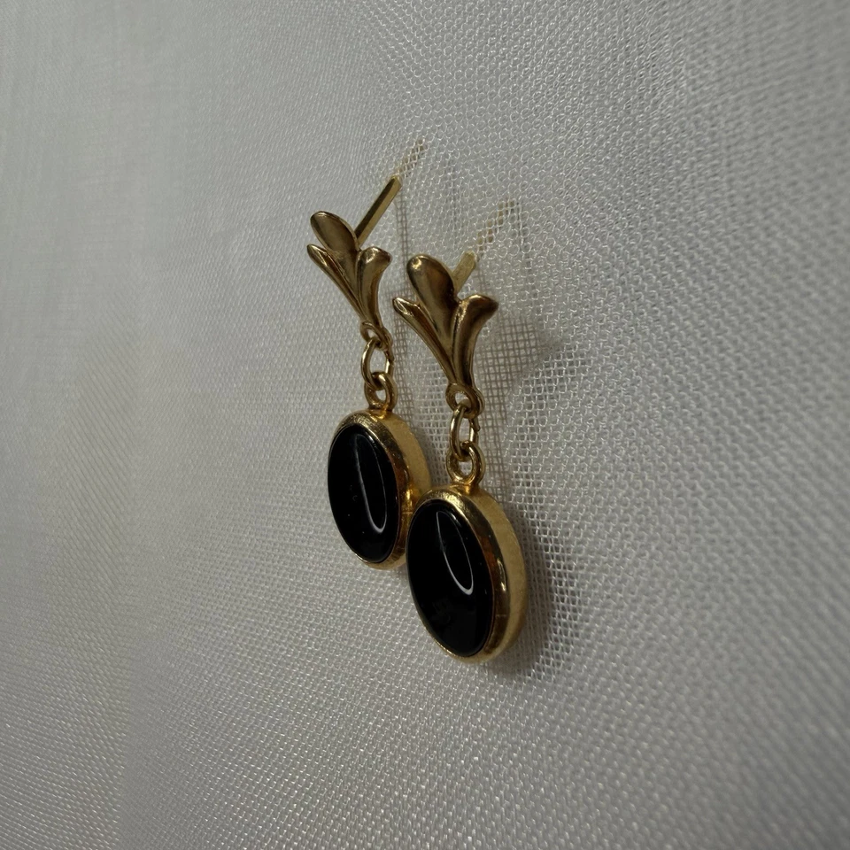 Винтажные серьги-гвоздики из золота 14 карат с черным овальным ониксом 0,3/4 X 0,1/4 дюйма БЕЗ СПИНКИ - Изображение 3 из 4