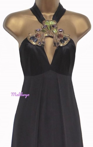 KAREN MILLEN ✩ BLACK SILK EMBELLISHED HALTER MAXI EVENING LONG DRESS ✩ UK 12 NEW - Picture 3 of 8