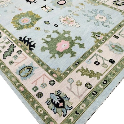 Modern Oushak Hand Knotted Floral Rugs 9x12 Sky Blue 100% Wool Carpets for Home