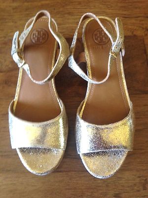 Tory Burch Size 8 M Gold Metallic ABENA Ankle Strap Wedge Sandal  NIB