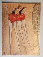 e9Art ACEO two women with long legs outsider art brut naive