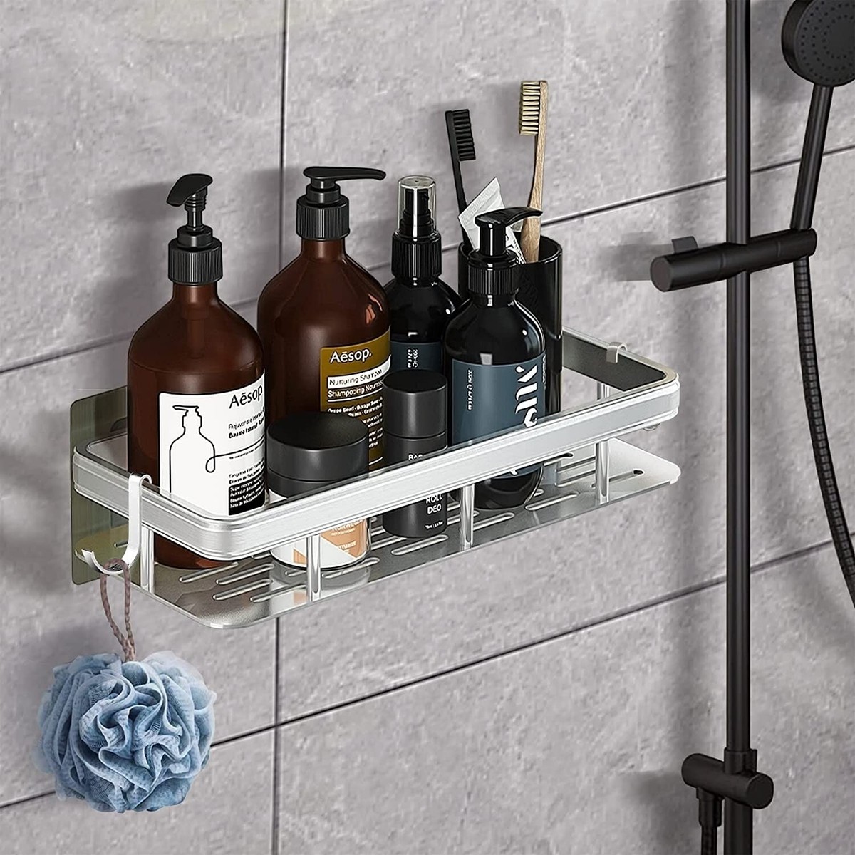 Supporto per soffione doccia Mensola per palo Supporto per doccia senza punzonatura Ripiani per asta doccia regolabili in altezza Gadget da bagno dal design cavo  15