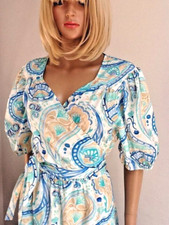 NEVER FULLY DRESSED Blue Paisley Print "Lottie" Wrap Tiered Dress Puff Slv UK22