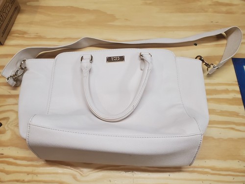 BCBG Paris White Handbag Shoulder Bag Purse Large Text Faux Leather Pockets