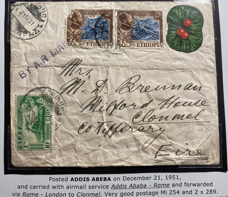 1954 Addis Ababa Ethiopia Airmail Cover To Clonmel Ireland Sc#254 Xmas Deco