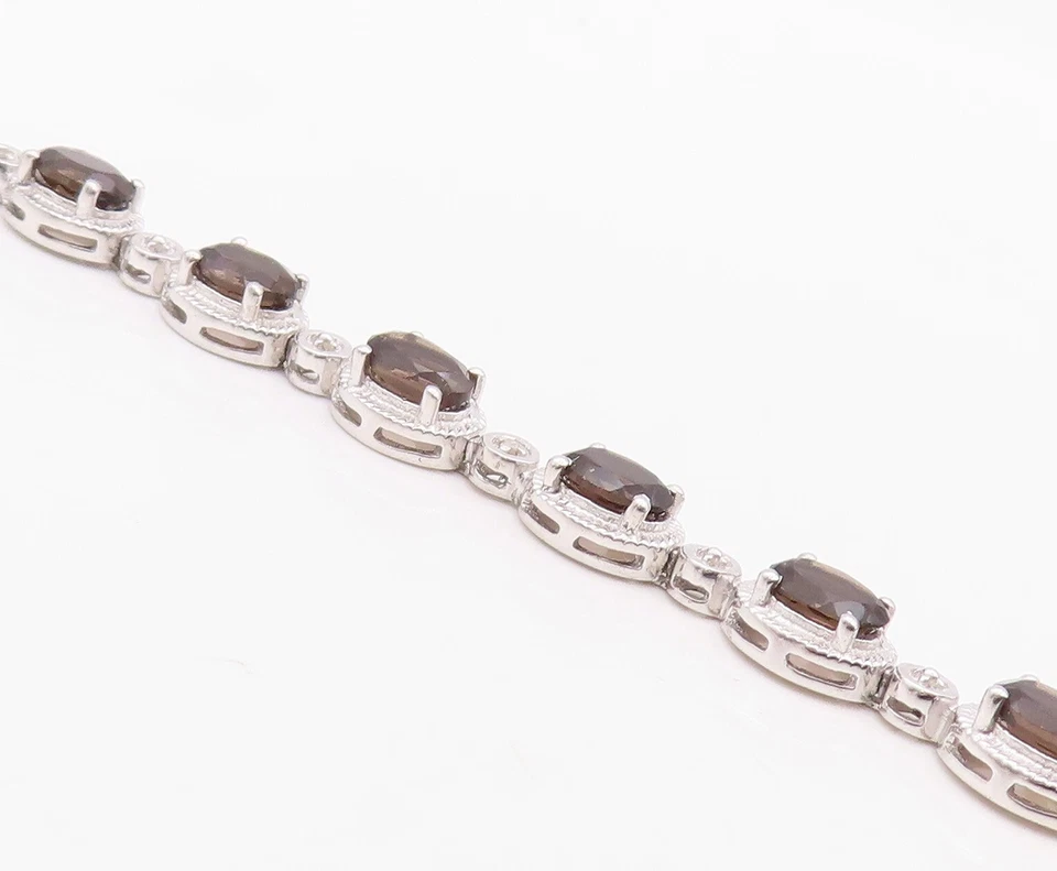 925 Sterling Silver Vintage Bracelet Oval Cut Smoky Quartz Carved Border BT10847 - Image 4 of 4