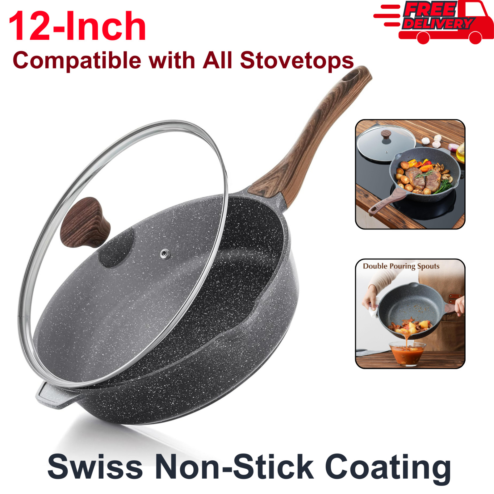 Nonstick Frying Pan Skillet Lid 12" Large Deep Frying Pan 5 Qt Non Stick Cooking