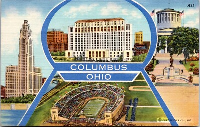 Multiple Views, Columbus OH - 1940 Linen Postcard - Stadium, Capitol, Memorials