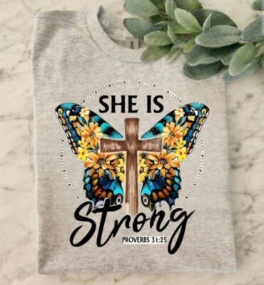 Religious shirt she is strong popular trending cute cross butterfly colorful