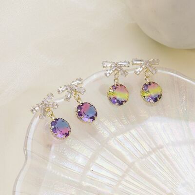 LADIES RAINBOW DROP EARRINGS CRYSTAL BOW POST BACK 