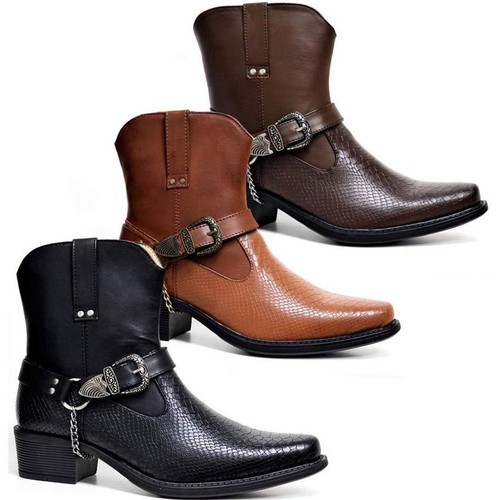 Mens Ankle Cowboy Biker Boots New 