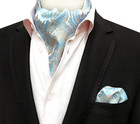 Classic Men's Ascot Cravat Tie Silk Paisley Blue Silver Scarf Cravat Hanky Set
