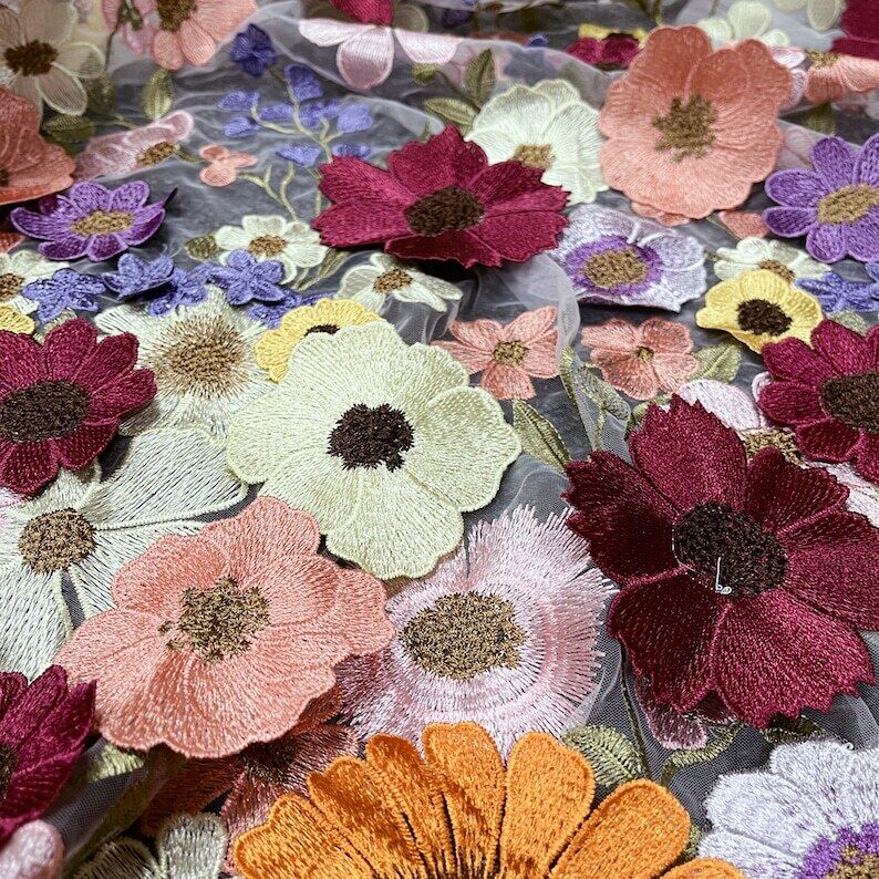 Colorful Lace 3D Flower Embroidered on Mesh Fabric By Yard DIY