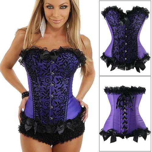 Women Black Overbust Boned Corsets Burlesque Basque Hot Lace-Up Shaper Plus Size - Picture 28 of 48