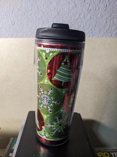 Starbucks Barista Travel Tumbler Holiday Christmas 2004 16oz Trees and Snowflake