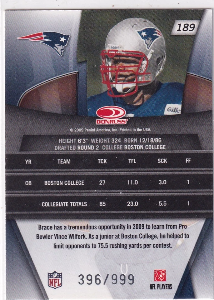 2009 Donruss Gridiron Gear #189 Ron Brace 396/999 NM - Image 2 of 2