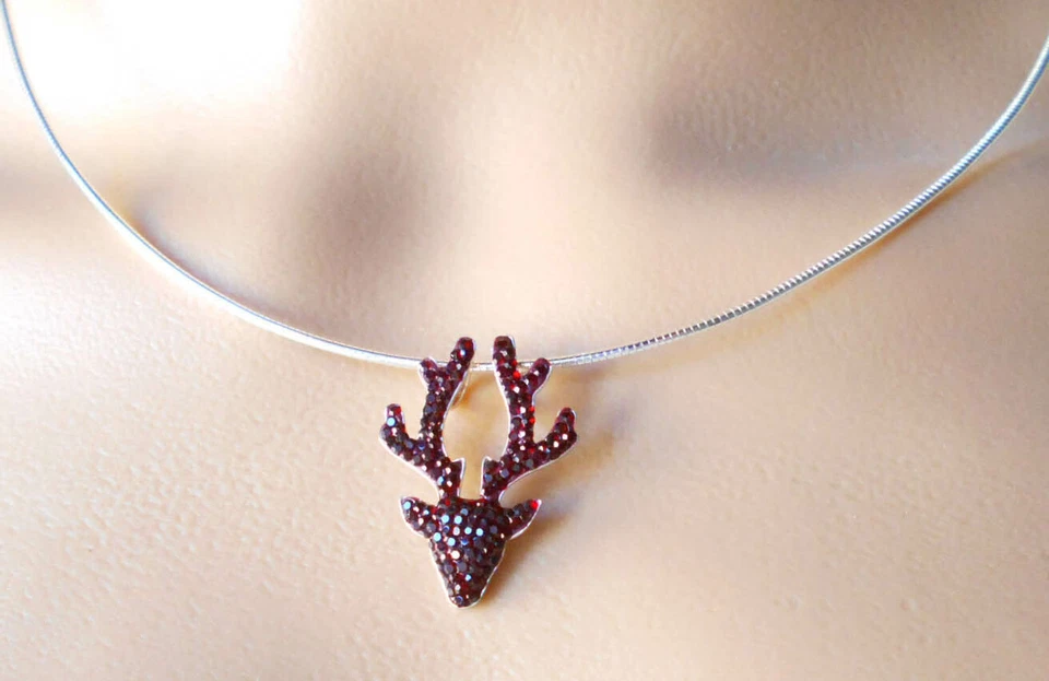 Hirsch Geweih Anhänger Kristalle granarot + Collierreif 925er-Silber KS103