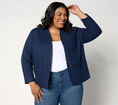 Studio Park x Amy Stran Linen Blend Open Front Blazer Womens XXS Navy Career NEW