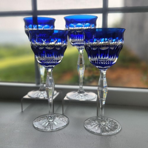 Tall Crystal Wine Glass Set 4 Cobalt Blue Cut to Clear Tulip Bowl Goblets VTG