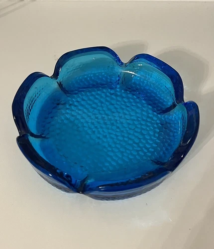 Blenko Blue Flower Ashtray Vintage MCM Blue Glass Lotus Dish with Scalloped Edge
