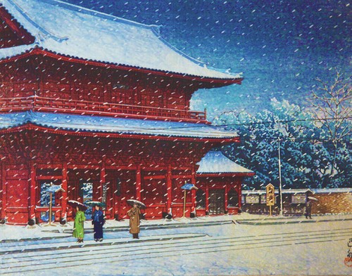 Orenco Originals Kawase Hasui Snow Zojoji Temple Counted Cross Stitch Pattern