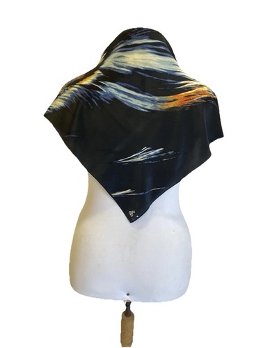 Vintage Abstract Brushstroke Print Square Scarf Black Blue Gold Art Wave #A79