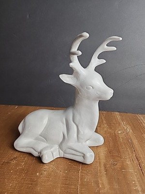  Ceramic White Deer Figurine Holiday  Decor 7'' By 8.5''