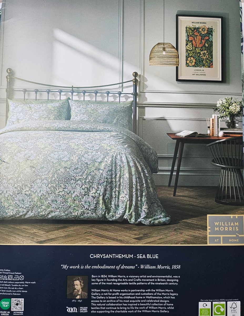 🍓WILLIAM MORRIS Duvet Set QUEEN 3 Pieces CHRYSANTHEMUM Sea Blue