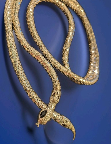 VINTAGE SNAKE MESH SILVER NECKLACE OR BELT 40" Black Stone EYES * DL LAUD? - Picture 3 of 8