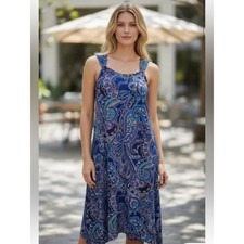 Chicos Stretch Jersey Blue Pink Paisley Print Sleeveless Shift Dress SZ 12/14