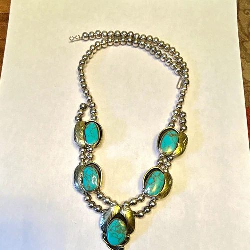 Silver Tone Ball/Bead Beaded Necklace w/ 5 Oval Turquoise Bezel Stations - product listing photo